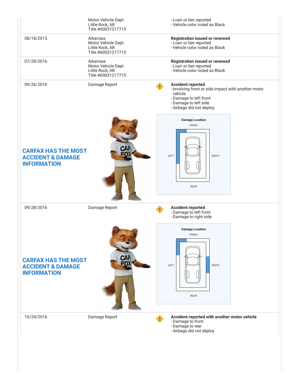 Page 4 of a real Carfax report for a 2012 RAM 1500 Express. The first owner's Arkansas registrations, title number and a reported loan or lien, with damage diagrams for the 2016 accidents.