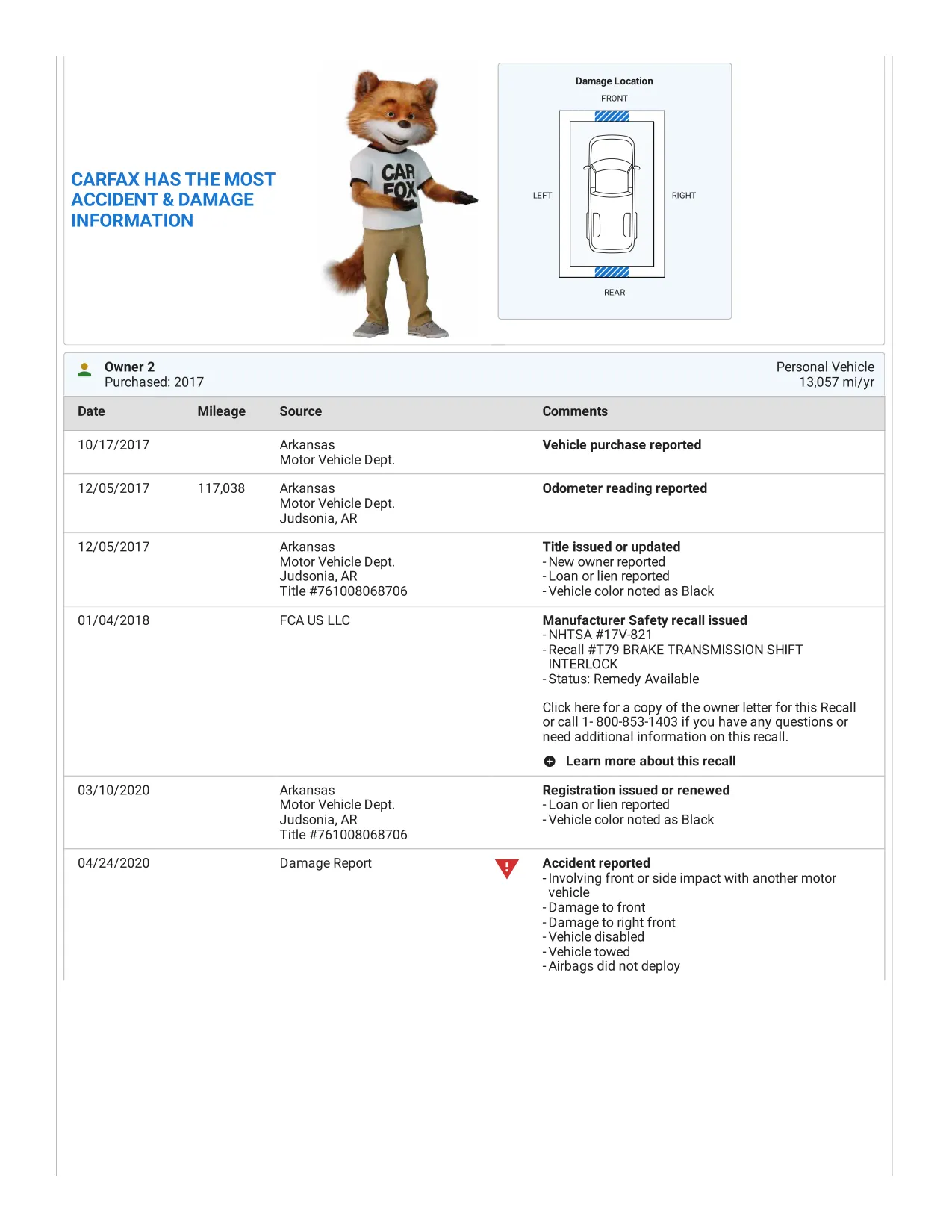 Page 5 of a real Carfax report for a 2012 RAM 1500 Express. The second owner, from 2017: an odometer reading of 117,038 miles, the open brake-shift-interlock recall and the April 2020 accident.