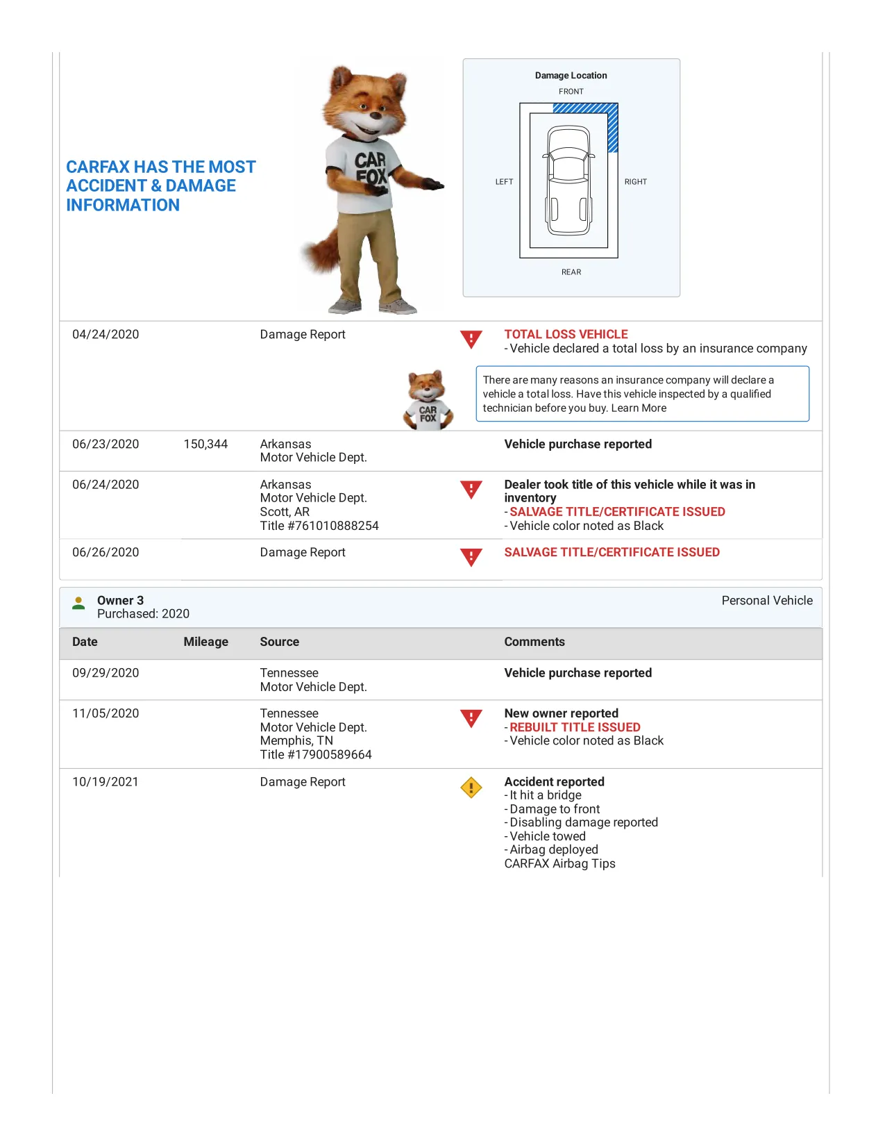 Page 6 of a real Carfax report for a 2012 RAM 1500 Express. The total loss, the salvage title that followed, the third owner, and the rebuilt title issued after repairs.