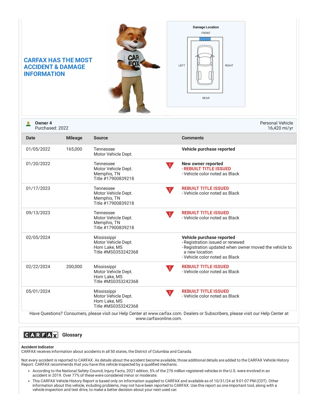 Page 7 of a real Carfax report for a 2012 RAM 1500 Express. The fourth owner and further rebuilt-title records, then the start of the glossary.
