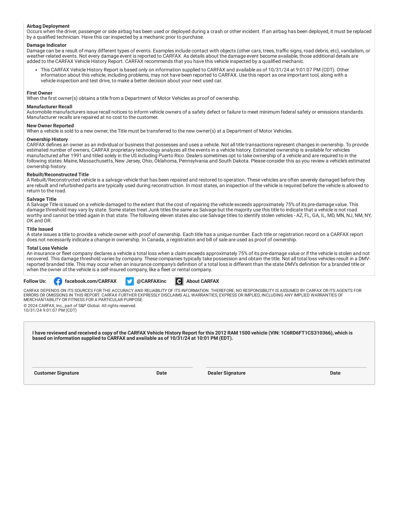Page 8 of a real Carfax report for a 2012 RAM 1500 Express. The glossary: what each term and check in the report means.